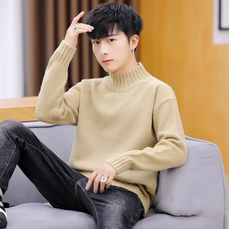 2019 Autumn Casual Men's Sweater Half collar Neck Solid Slim Fit Knittwear Mens Sweaters Pullovers Thick Warm
