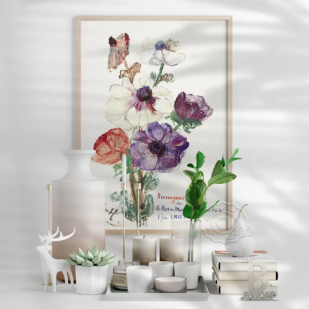 Nieuwjaarsgroet مع Anemonen المشارك ، Sientje Mesdag-Van Houten زهرة ورقة الفن قماش اللوحة ، بهو النبات جدار ديكور فني للمنزل