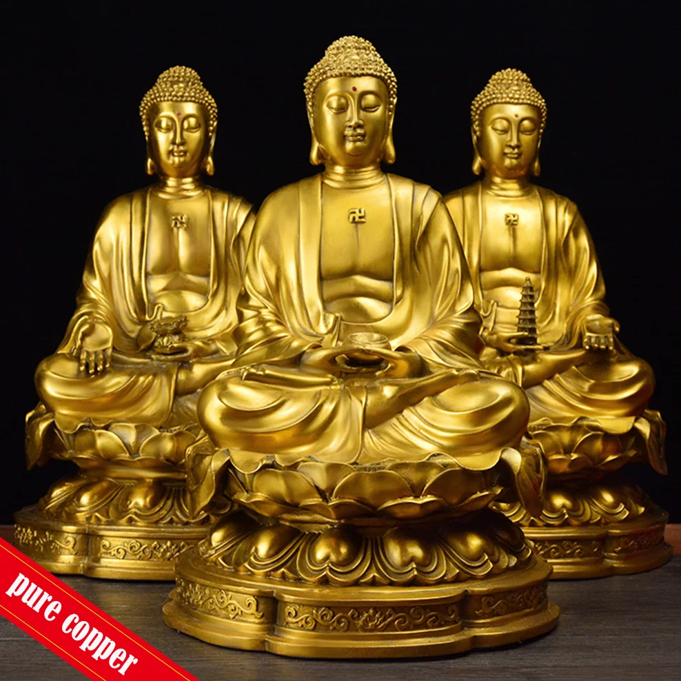 Pure Copper Buddha Ornaments Sambo Buddha Statue Of Shakyamuni  Amitabha Medicine Master Buddhist Temple Buddha Statue