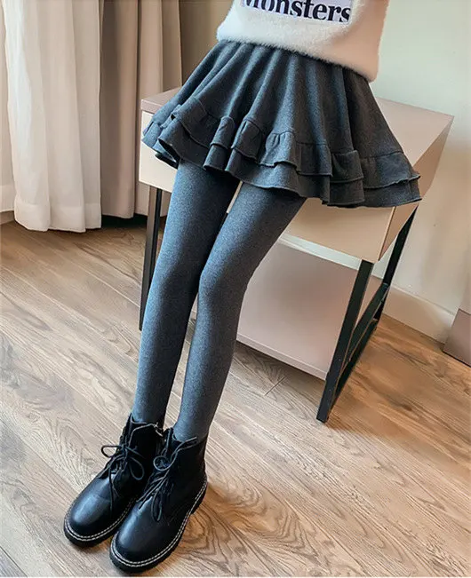 Mädchen-Hosenrock, weich gefüttert mit Fleece, Kinder-Herbst-Winter-Rock-Leggings, zweiteiliger, dicker Thermo-Rock, enge Hose, 4-13 Jahre – Detail 1