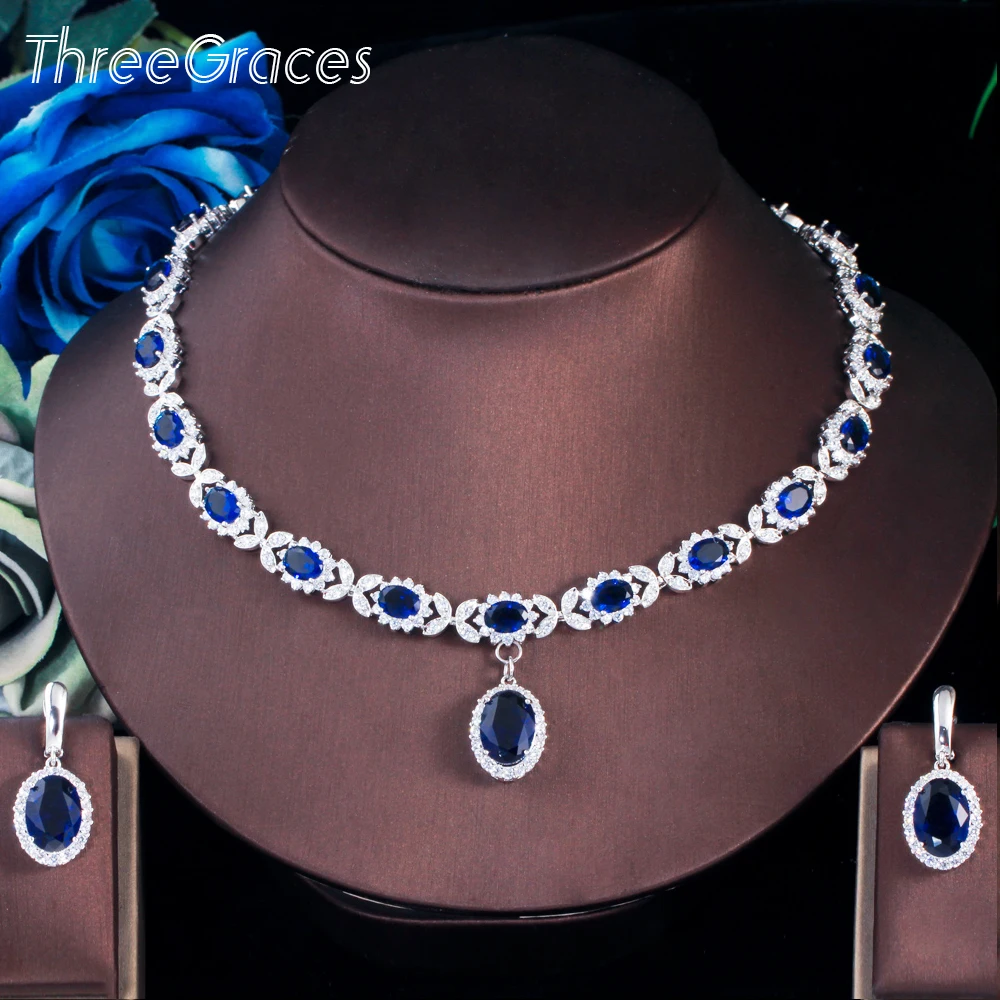 

ThreeGraces Fashion Dangle Round Shape Royal Blue CZ Crystal Earrings Necklace Jewelry Sets for Ladies Party Accessories TZ599