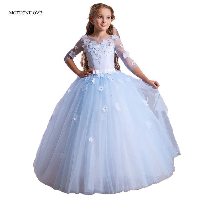 2024 Vintage Flower Girl Dresses Children Baptism Clothes With 3/4 Long Sleeves Ball Gowns Birthday Party Dress Pageant Dresses