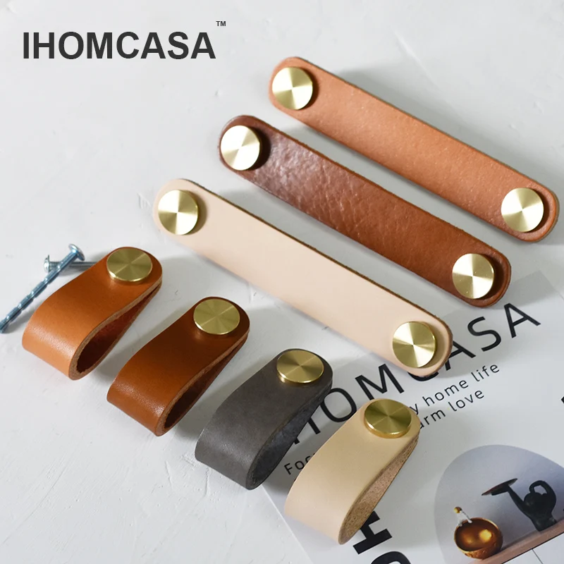 IHOMCASA Nordic Style Wardrobe Drawer Door Pull Genuine Leather Handle Kitchen Cabinet Handles Furniture Cowhide Knob Hardware