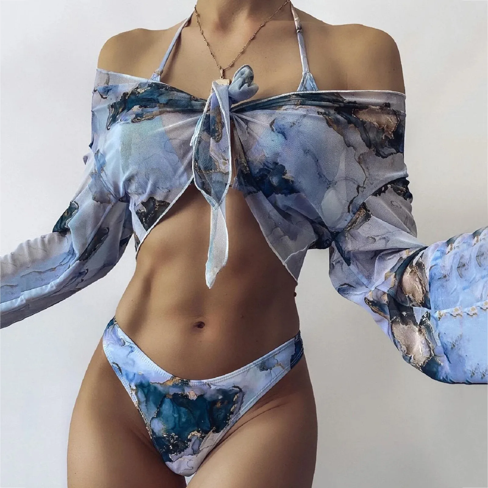 Tie-Dye Print trzyczęściowy kostium kąpielowy damski seksowna siatka Bikini 2022 stroje kąpielowe z długim rękawem kobiety węzeł Biquini Beach Wear