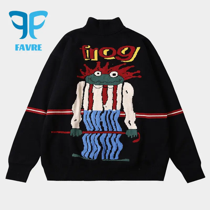 FAVRE Childlike Frog Sweater Men Autumn Winter Thick Black Turtleneck Pullovers Women Japanese Harajuku Knitted Jumpers