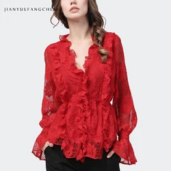 Fashion Ruffles Women Long Sleeve Red Lace Top Sexy See Through V-Neck Hollow Floral Button Shirt Chic Slim Fit Ladies Clothing