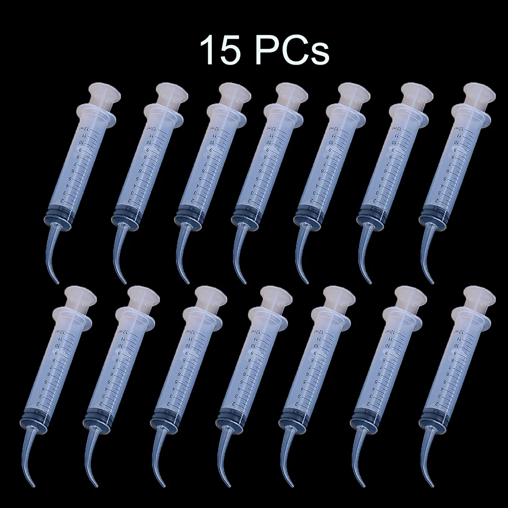 15PCs Dental Disposable Irrigation Syringe Curved Tip 12ml for Dentist Use Dentistry Tools Tip Diameter 1.7 mm&1.9mm With Scale