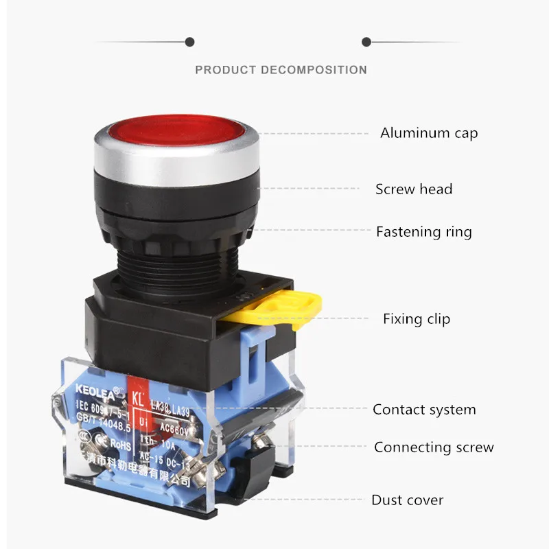 Installation hole 22mm Flat push button Momentary/Maintained Red Green Yellow White Blue Black LA38A-11BN LA38-11BNZS