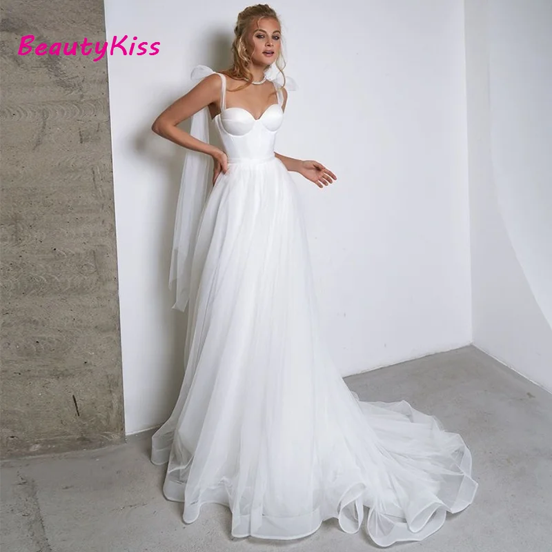 Robes de mariée en tulle blanc simple avec nœud, bretelles spaghetti chérie, ligne A, fête de mariage sur la plage, tout ce qui est éducatif, Boho, 2023