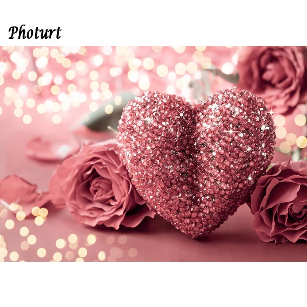 PHOTURT Heart Shaped Sequin Backdrop Birthday Wedding Party Photo Background Pink Glitter Banner Vinyl Photography Props