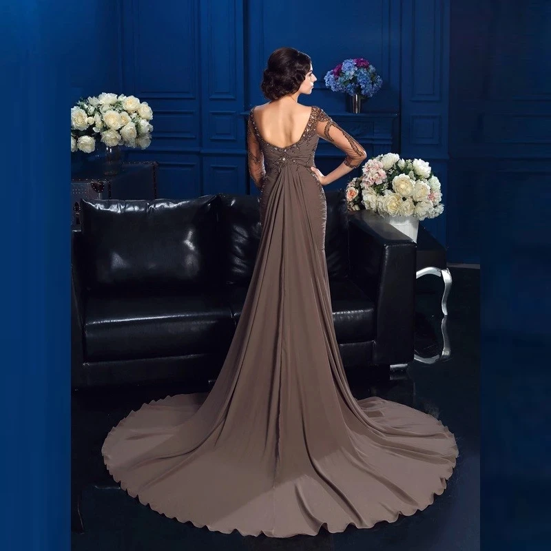 New Elegant Chocolate Mermaid Chiffon Boat Neckline Mother of the Bride Dresses Beaded Wedding Party Gowns With 3/4 Sleeves