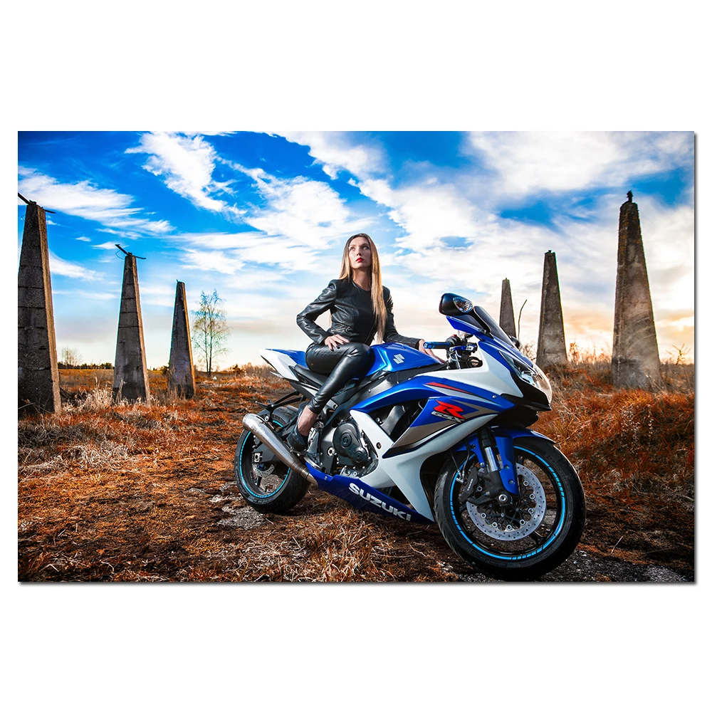 Girl and Suzuki GSX-R Motorcycles Photo Wall Art Posters and Prints Canvas Painting For Living Home Decor