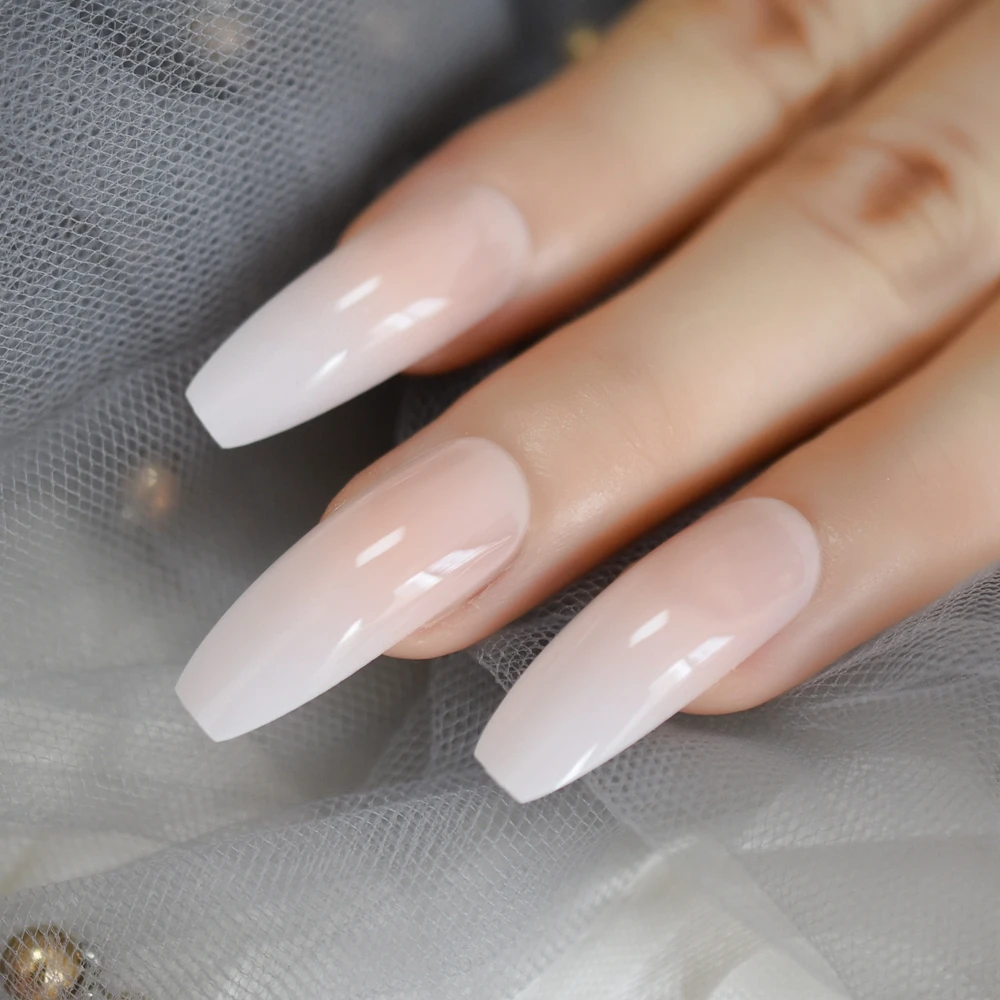 Ombre Gradient Pink Nude French Ballerina Press on False Nails Extra Long Natural Coffin Gel colla su unghie finte