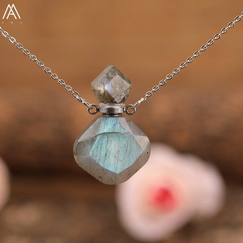Elegante Frauen Tiny Flash Labradorit Stein Diffusor Flasche Anhänger Halskette Vergoldet Ätherisches Öl Fläschchen Schmuck Geschenk Dropship – Detail 6