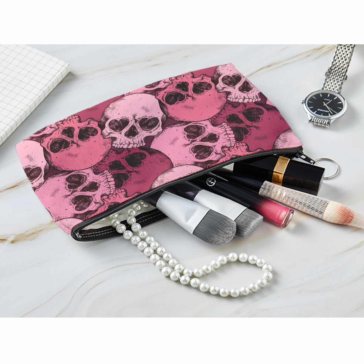 Skull Print Women Cosmetic Bag Personality Makeup Pouch Portable Travel Storage  Bag Lipstick Organizer Cases Zipper Makeup Bag