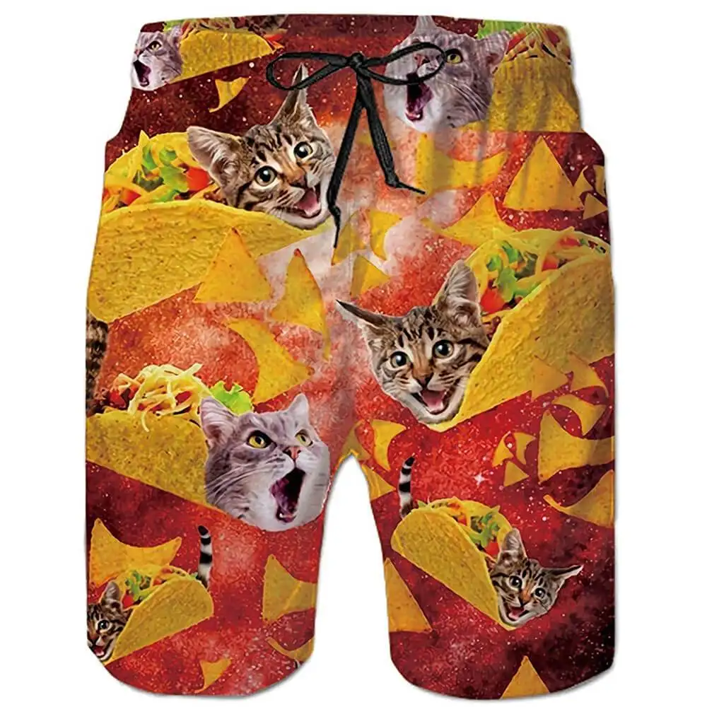 Engraçado taco pizza gato 3d impresso shorts masculinos forro de malha confortável respirável praia shorts verão praia troncos de natação STDK-3