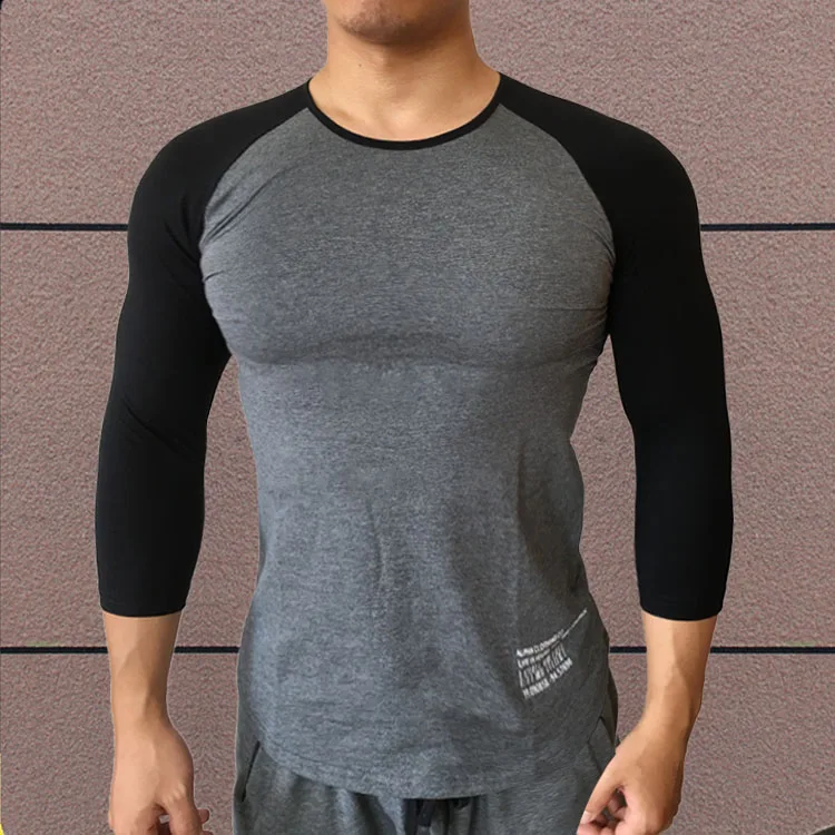 Men\'s T-shirt Long Sleeve 3/4 Sleeve Three Quarter Patchwork Shirt Cotton Bodybuilding Tshirt Workout Fitness Men Clothing