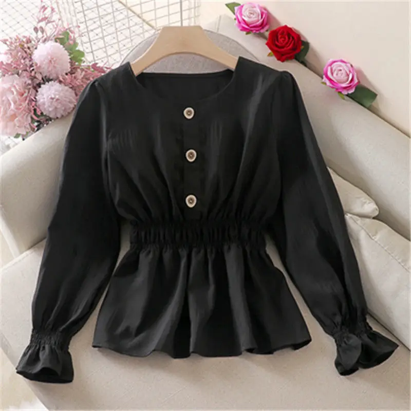 Blouse Women Autumn Ruffled Long Sleeve Shirt Pleated Bell Sleeve Top Blusas Ropa De Mujer