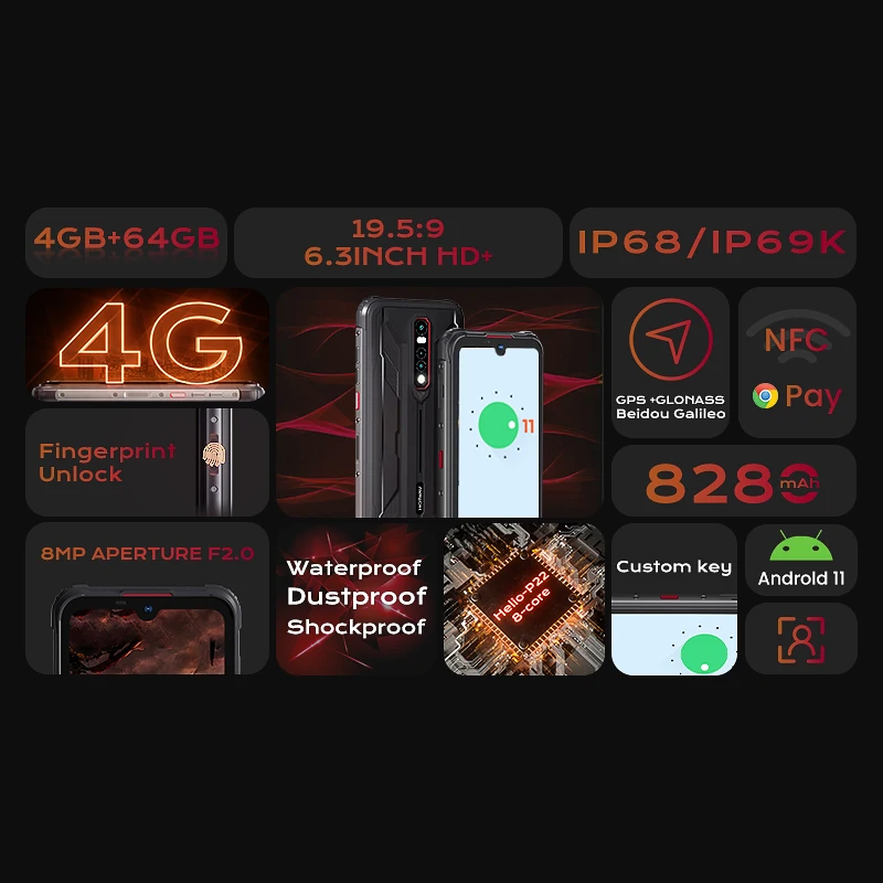 HOTWAV CYBER 8 Global Version Mobile Phone 4GB 64GB Waterproof 8280mAh 16MP Camera 6.3 Inch NFC Android 11 Rugged Smartphone