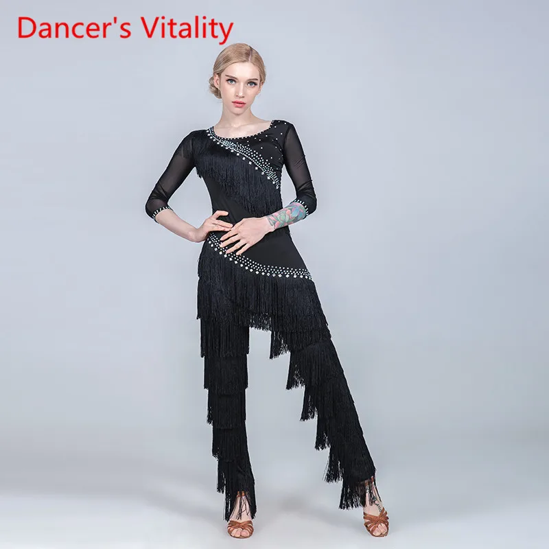 Women Tassel Glitter Rhinestone Top Pants Trousers Latin Dance Wear Rumba Samba Tango Cha Cha Dancing Competition Stage Outfits