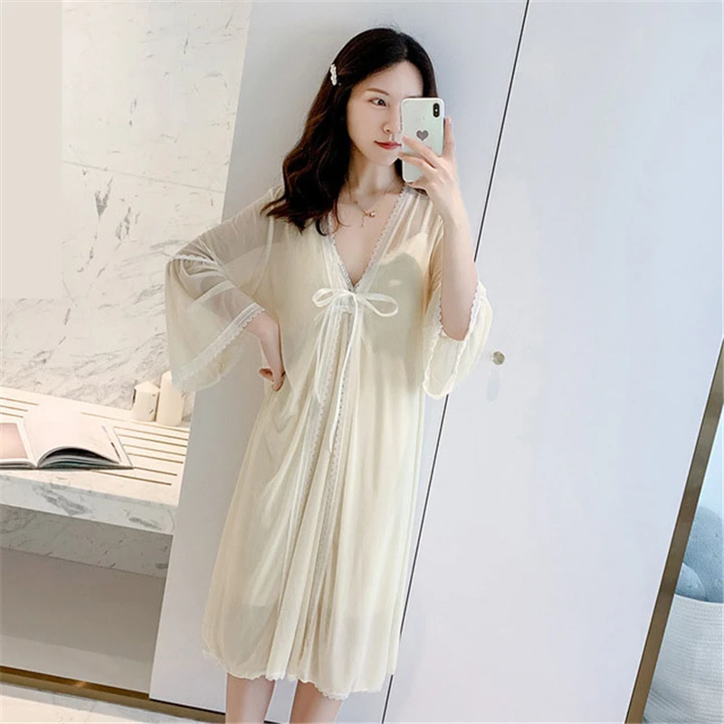 Pajamas soft home wear 2020 court style new bathrobe sexy lace suspender nightdress two-piece loose kimono robe pigiama donna