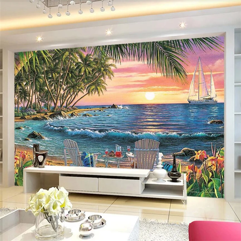 

beibehang Custom wallpaper 3d mural coconut palm double beach chair beautiful seaside landscape background wall painting 3d обои