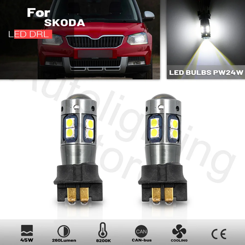 2pcs DRL Lamp Bulbs For Skoda Yeti Audi Q2 2016 2017 White PW24W PW16W PWY24W LED Daytime Running Light