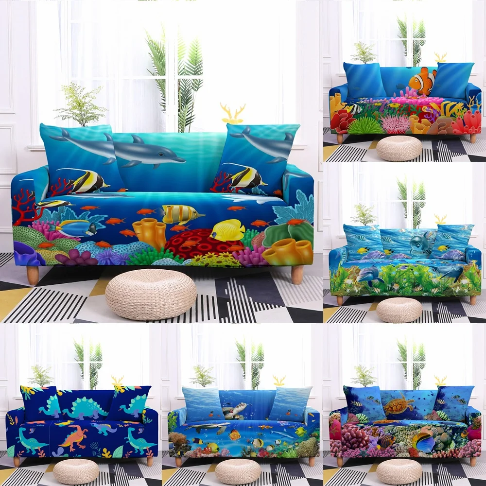 

Tropical Ocean Animal Sofa Cover Elastic Cartoon Turtle Dolphin Fish Couch Covers For Living Room Dinosaurs Armchair Slipcovers