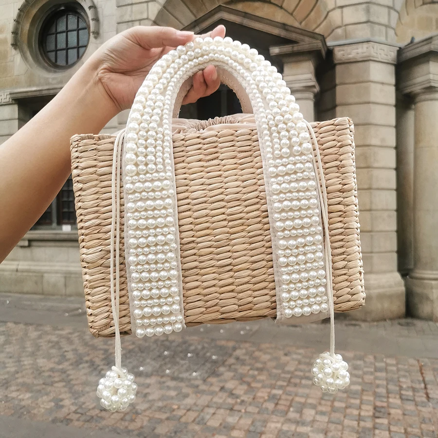 

Pearls Beach Bag Women Summer New Elegant Woven Beaded Straw Bag Female Bohemia Knitted Large Tote Handbag Vacation Casual