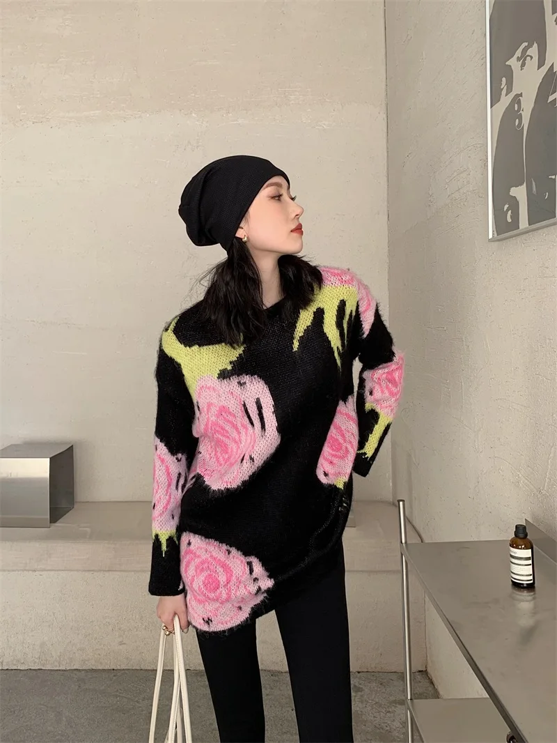 CHEERART Winter 2021 Fall Fashion Flower Sweater Pullovers Black Crewneck Knitted Fluffy Long Sleeve Sweater Ulzzang Jumper