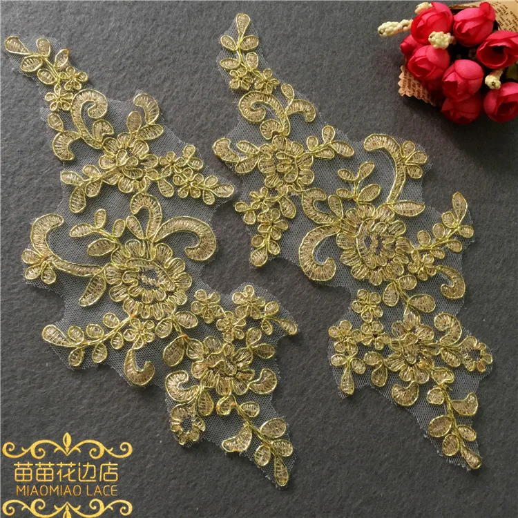 6Pcs Gold Lace Applique Handmade Lace Flower Bride Wedding Dress diy Tiara Veil Lace Accessories Patch 25X12cm