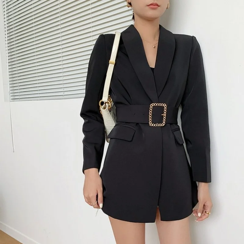 

Slim Vintage Waist Sashes Blazers Elegant Office Ladies Black Suit Jacket Autumn Medium Long Single Button Womens Blazer Coat