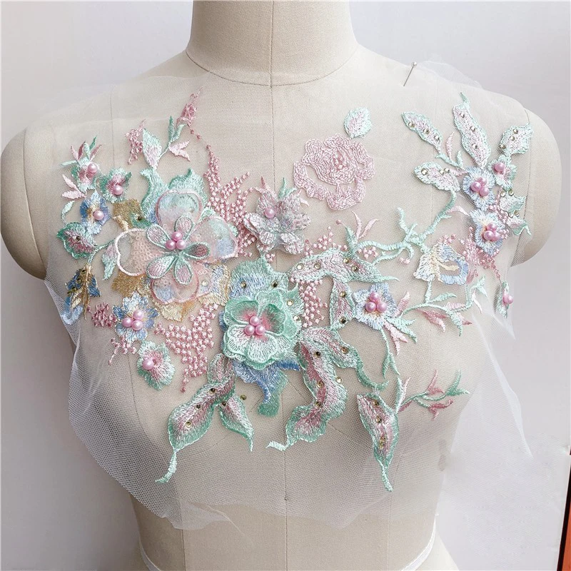 3D Flower Beads Embroidered Wedding Lace Fabric Appliques Sew Patch For Wedding Dress DIY Decor 33*28CM