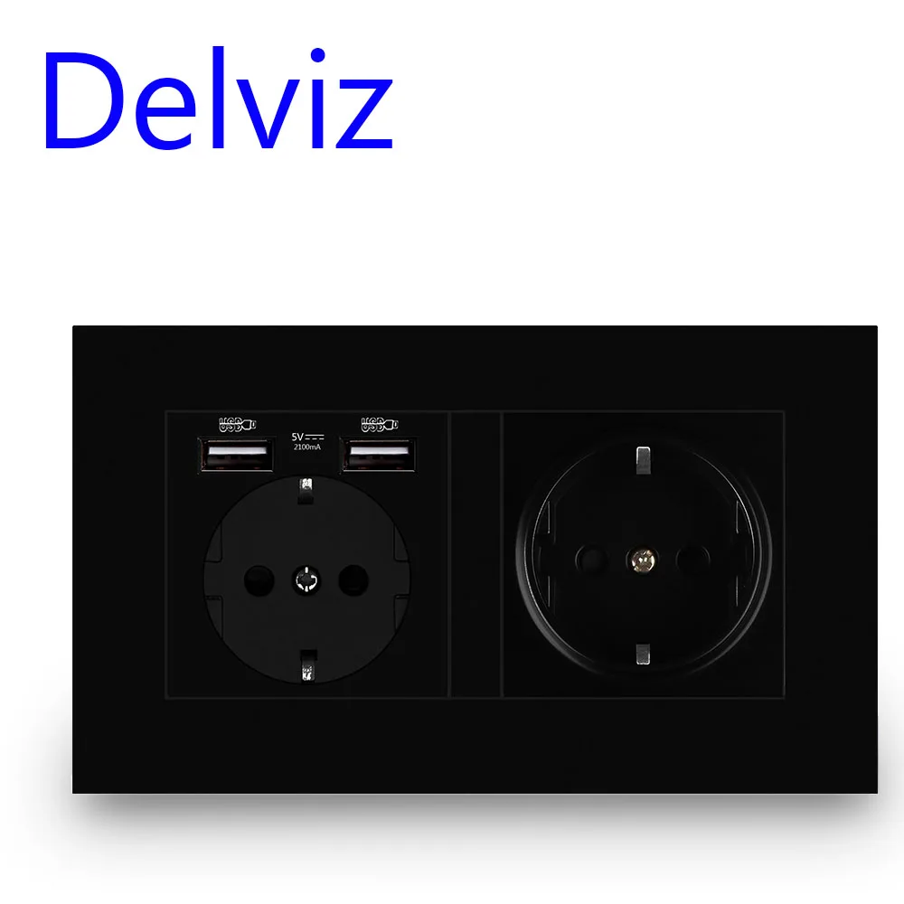 Delviz Wall USB listwa sieciowa, czarny panel interfejs ładowarki, AC 110 ~ 250V 146mm * 86mm, 16A podwójna ramka Standard ue gniazdo USB