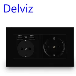 Delviz Wall USB Power Outlet, Black panel charging interface, AC 110~250V 146mm * 86mm, 16A Double frame EU Standard USB socket