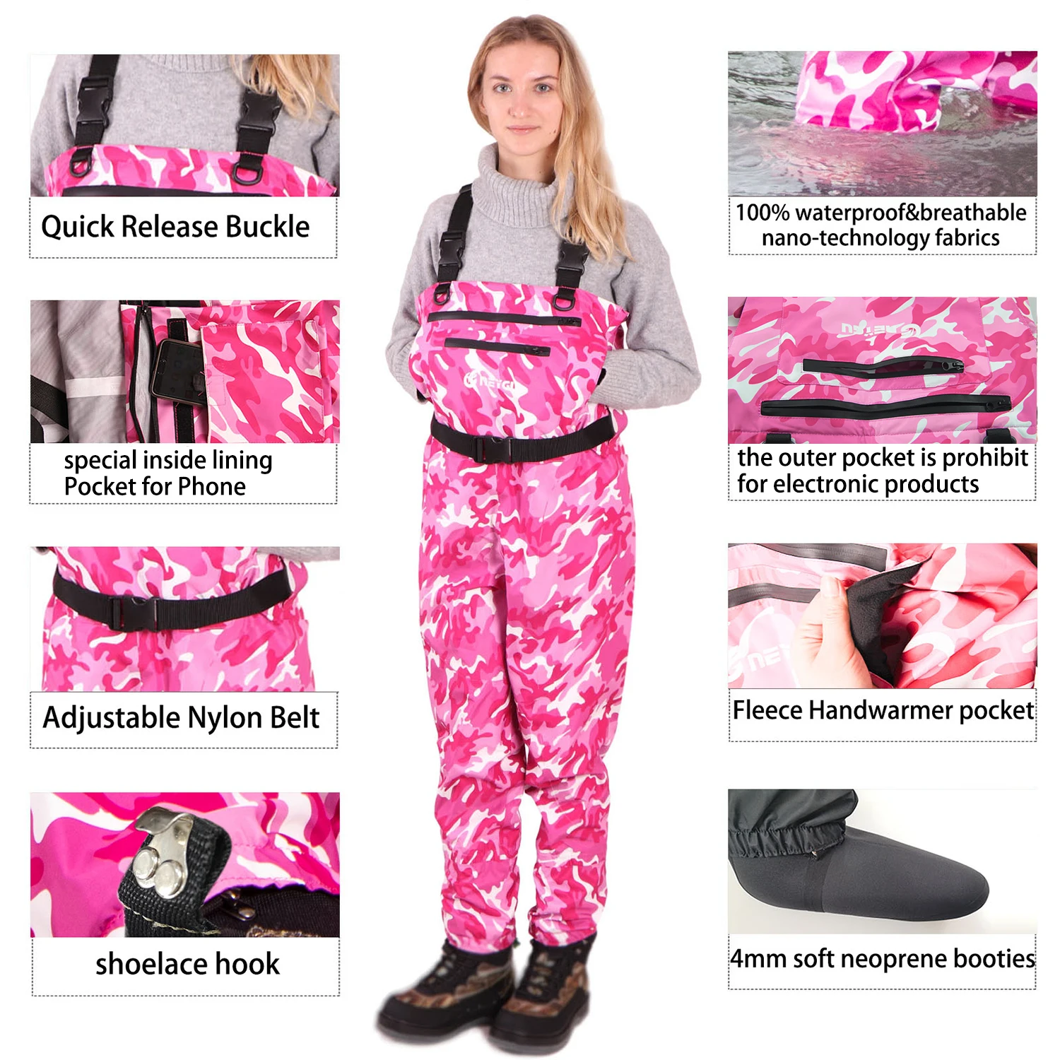 NeyGu Women Quick-Drain Waterproof and Breathable Chest Wader with 4mm Neoprene Stocking Foot for Fishing and Hunting PinkCamo