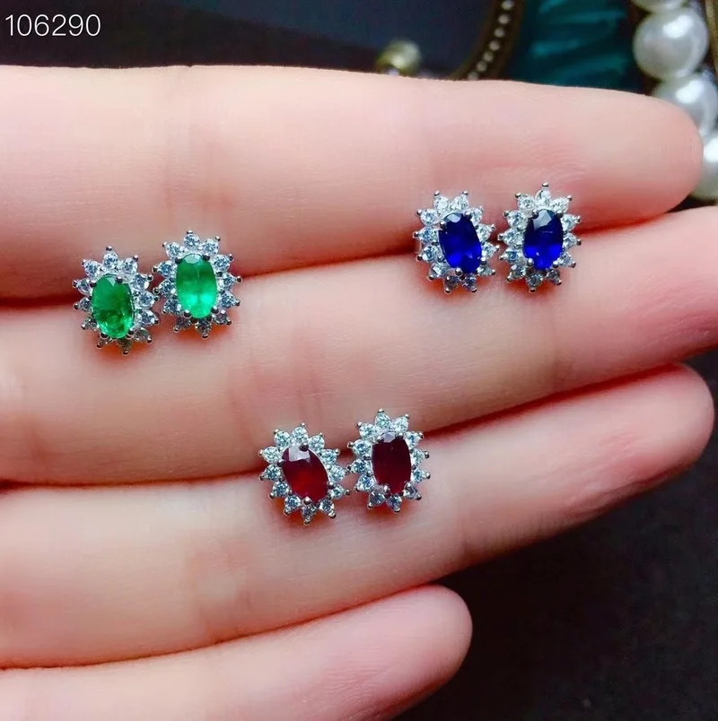 Fine Jewelry Natural Emerald 925 Sterling Silver Classic Girl Gemstone Earrings New Ear Studs Support Test with Box