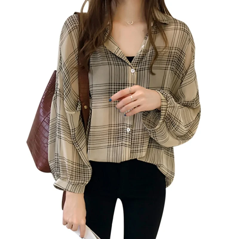 Women Plaid Turn Down Collar Shirt Autumn Loose Blouse Long Sleeve Button Down Tops