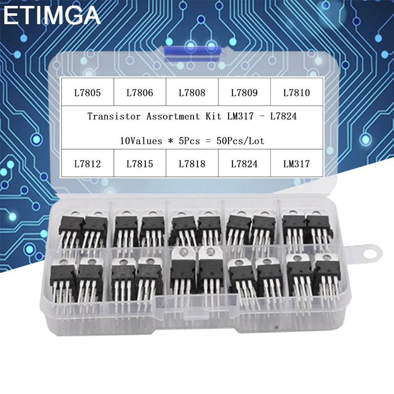 50PCS LM317T L7805 L7806 L7808 L7809 L7810 L7812 L7815 L7818 L7824 Transistor Assortment Kit Voltage Regulator Box  Each 5pcs