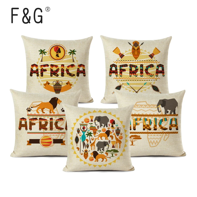 

African Style Cushion Cover Linen Cartoon Character Animal Africa Map Pattern Printed Home Sofa Decoration Pillow Case