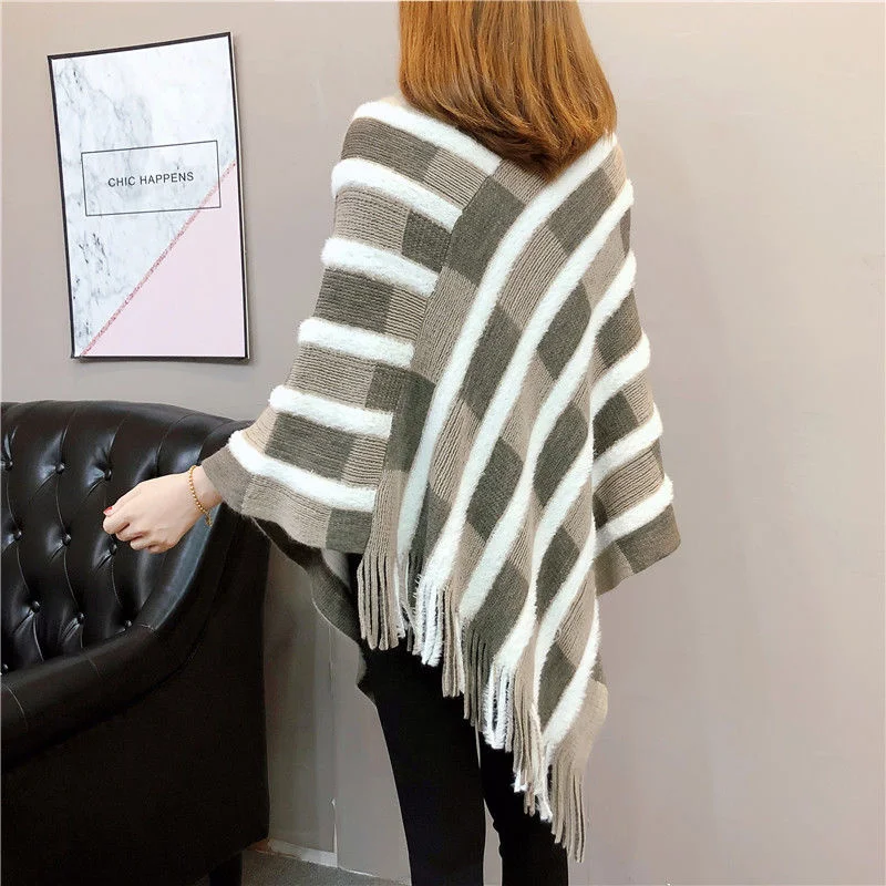 Poncho Women Red Striped Shawl Cloak Autumn Clothing New Tassel Bat Knitted Cape Fashion V-neck Irregular Blue Pullover Femme