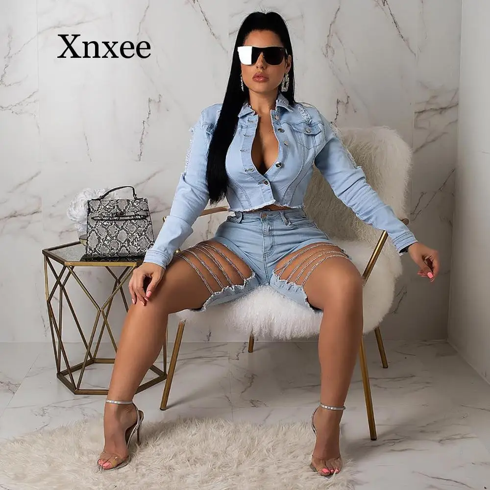 Hip Pop New Women Summer Streetwear Chain Hollow Out Black High Waist Knee Length Pants Light Denim Jeans Skinny Short Pants