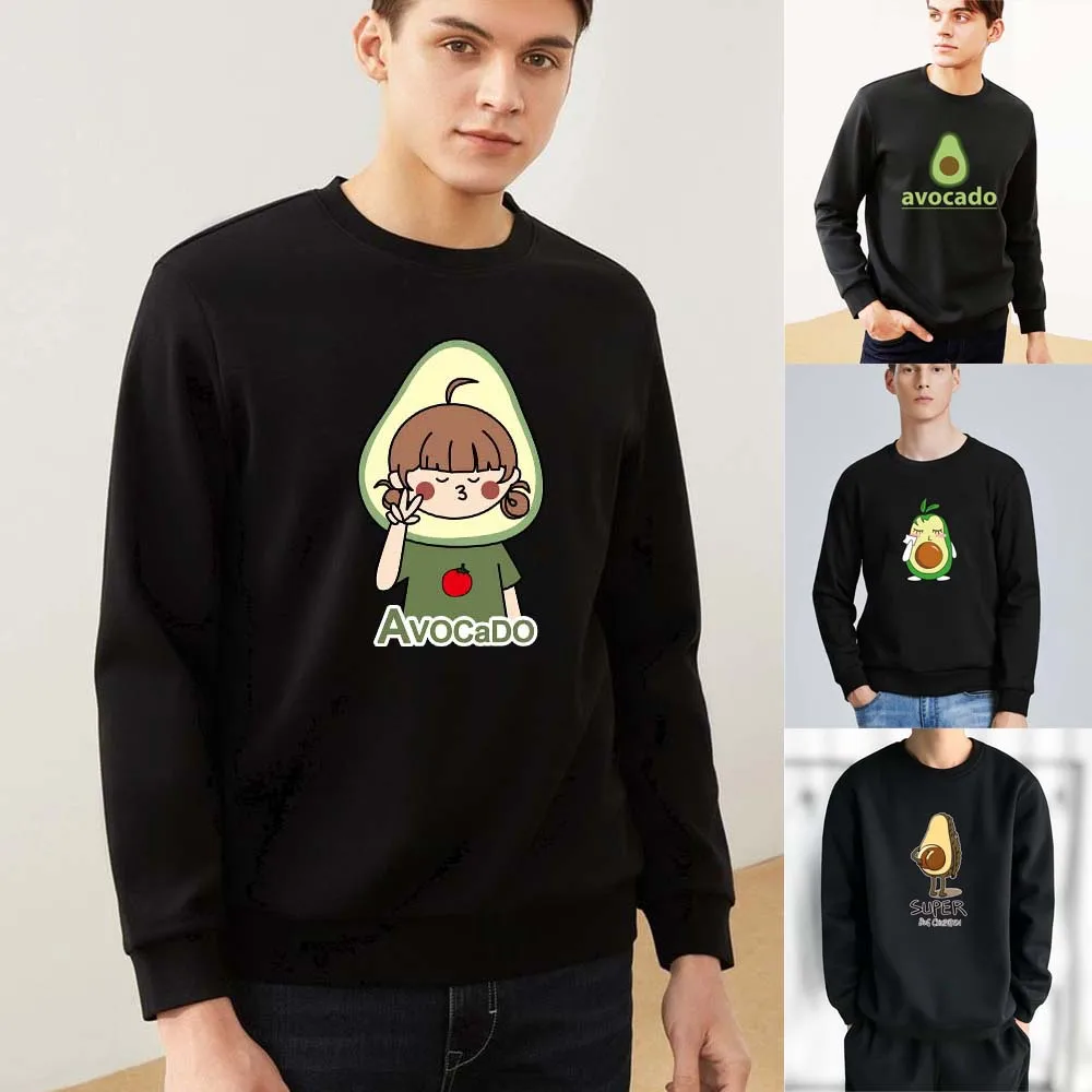 Men's O-Neck Long Sleeve Pullover Top Cute Avocado Print Hoodie Harajuku Street Sweatshirt Men's Black Youth Pullover Sweatshirt