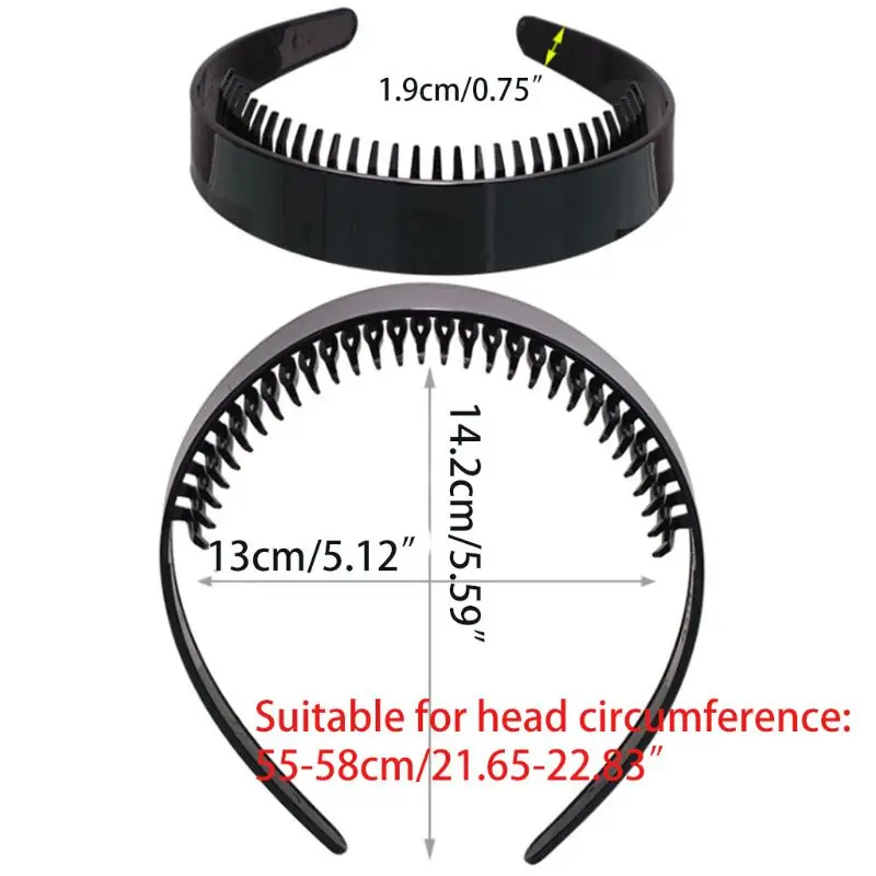 Women Girls 2.5cm Wide Plain Headband with Non-Slip Teeth Comb Shiny Black Plastic Hair Hoop DIY Styling Makeup Headwear