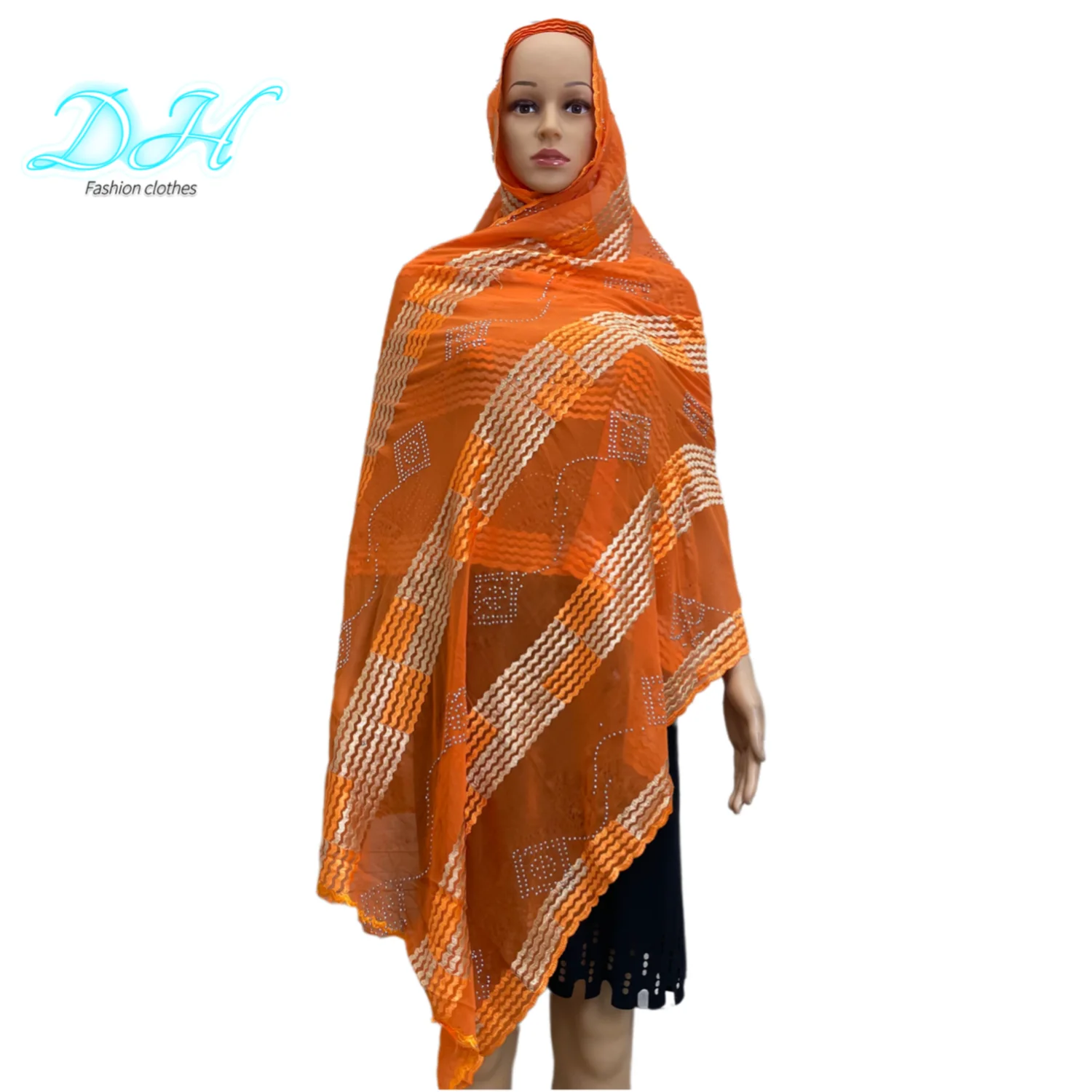 African Fashion Hijabs Colorful Scarf Muslim Shawls Embroidery Flower and Set With Diamond Chiffon Fabric Turban for Woman DH089