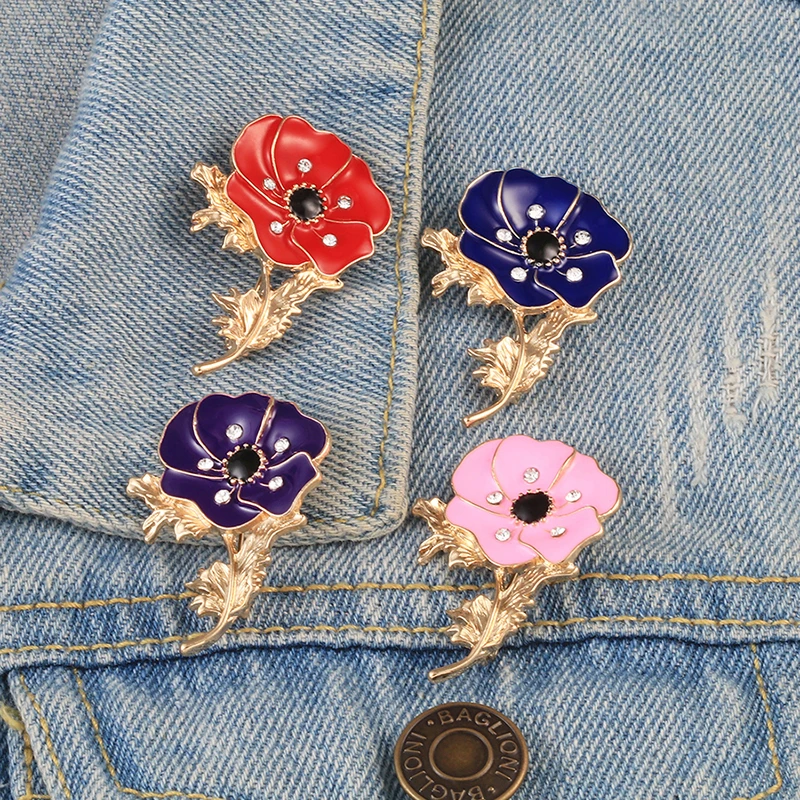 Poppy Flowers Brooch Pretty Exquisite Enamel Pin Rhinestones Corsage Skirts Dress Decorations Badge Fashion Jewelry Wedding Gift