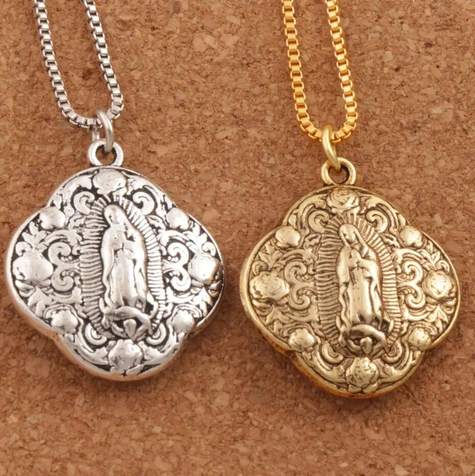 2Pcs Catholic Gift Our Lady of Grace Miraculous Mary Travel Protection Pendant Necklaces N1789 24inches Tibetan Silver