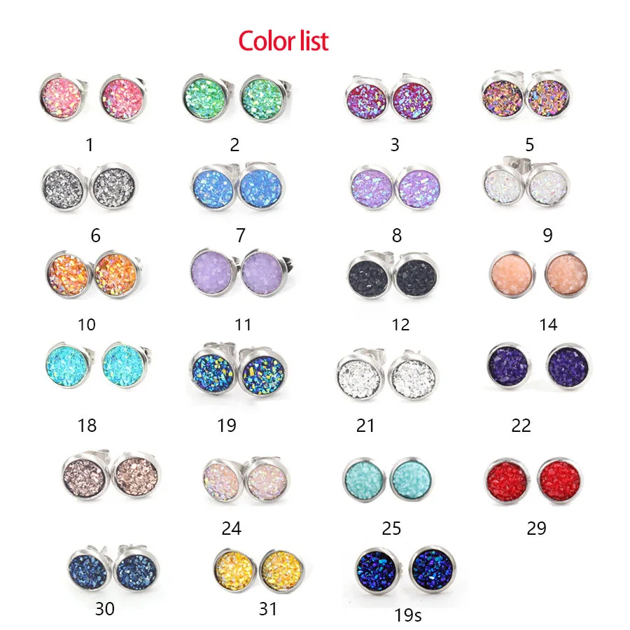 Fnixtar 8mm Stainless Steel Drusy Earrings Jewelry For Kid Girl Party Gift Mini Earring For Child 20 pairs/lot