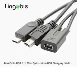 Lingable Mini USB 5Pin Female to mini usb 5pin male + micro USB male Y Splitter 1 to 2 Converter Charging Cable 30CM for Car