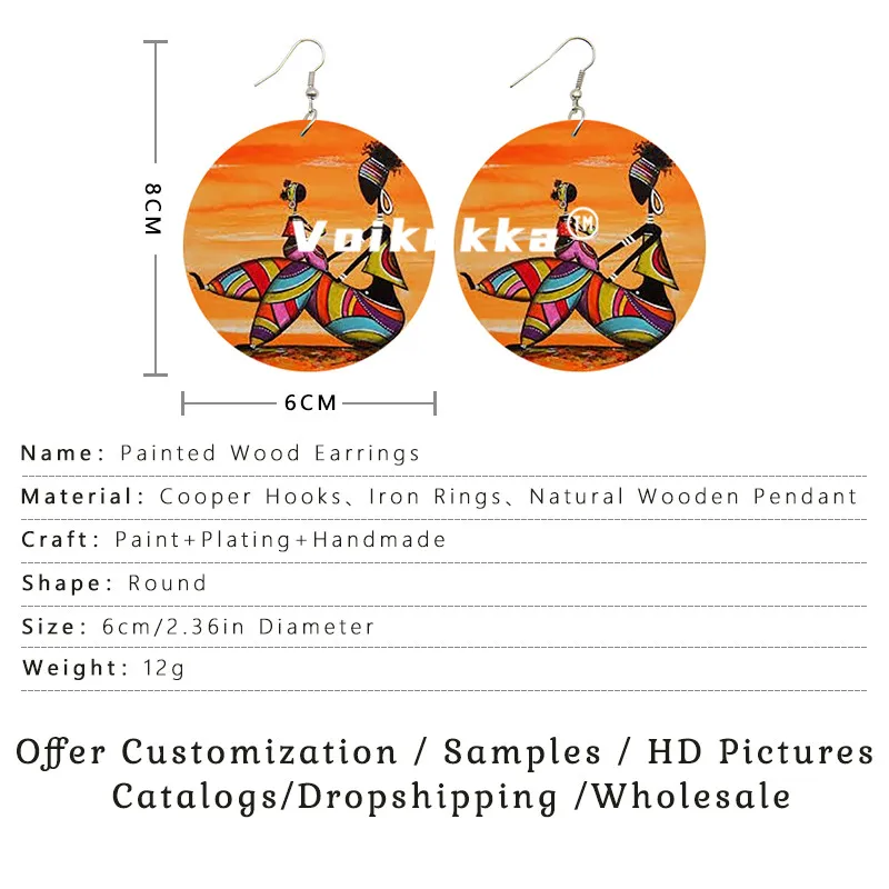 Voikukka Jewelry 2021 New Product 6 CM Round Wood Both Sides Printing Facial Makeup Paintings African Ethnic Accessory